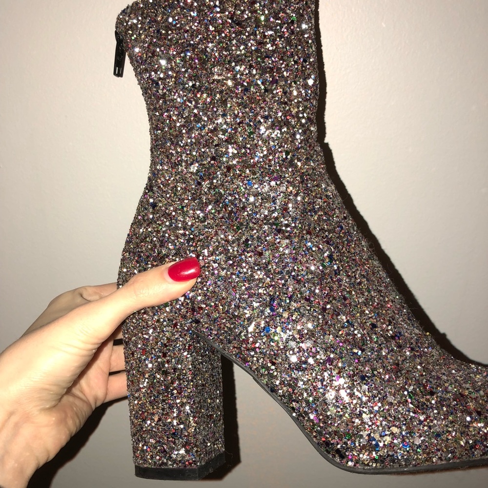 BOOHOO Block Heel Glitter Sock Boot Multicolor